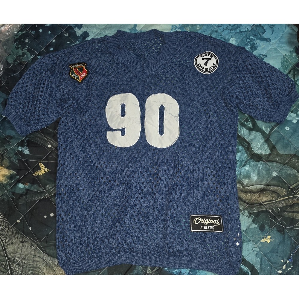 Romwe Mens Blue Rugby Patch Knit Mesh Short Sleeve V-Neck Top Size S US 36